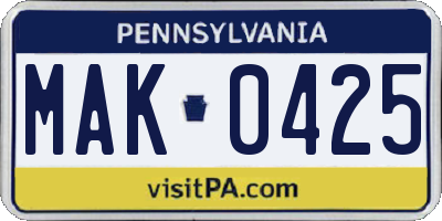 PA license plate MAK0425