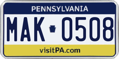 PA license plate MAK0508