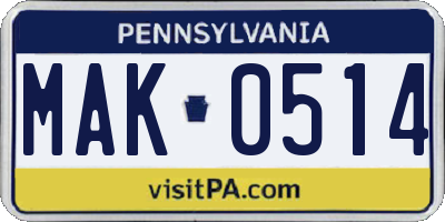 PA license plate MAK0514