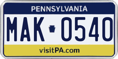 PA license plate MAK0540
