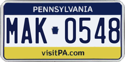 PA license plate MAK0548
