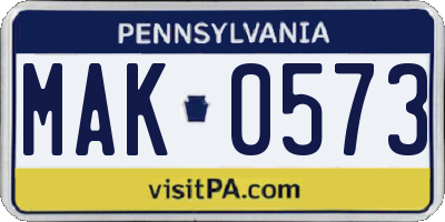 PA license plate MAK0573