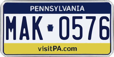 PA license plate MAK0576