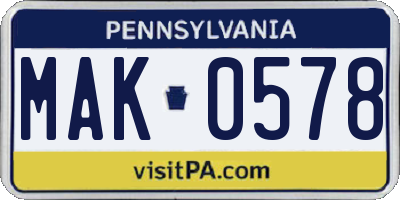 PA license plate MAK0578