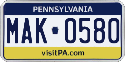 PA license plate MAK0580