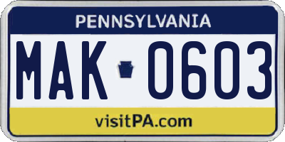 PA license plate MAK0603