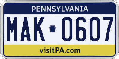 PA license plate MAK0607