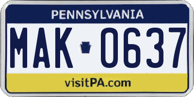 PA license plate MAK0637