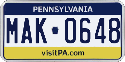 PA license plate MAK0648