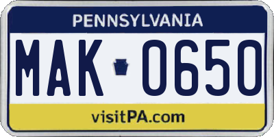 PA license plate MAK0650
