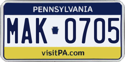 PA license plate MAK0705