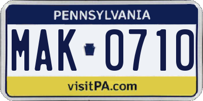 PA license plate MAK0710