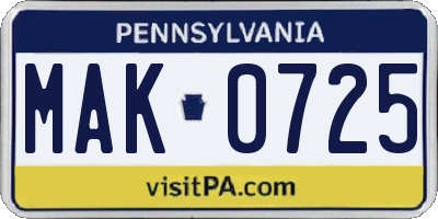 PA license plate MAK0725