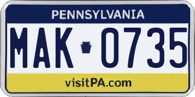 PA license plate MAK0735