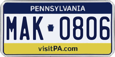 PA license plate MAK0806