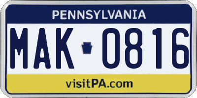 PA license plate MAK0816