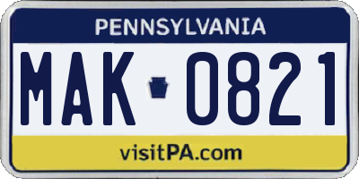 PA license plate MAK0821