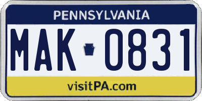 PA license plate MAK0831