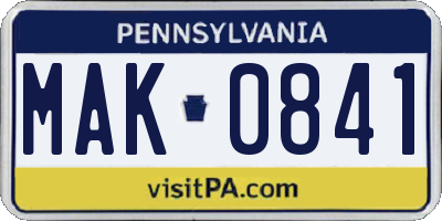 PA license plate MAK0841