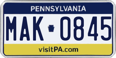 PA license plate MAK0845