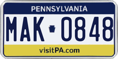 PA license plate MAK0848