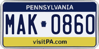 PA license plate MAK0860
