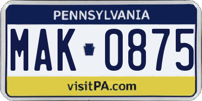 PA license plate MAK0875