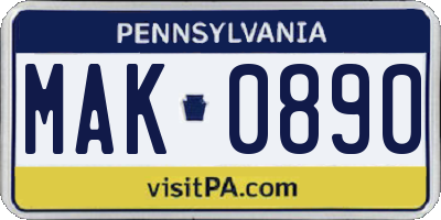 PA license plate MAK0890