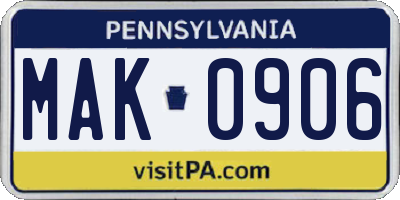 PA license plate MAK0906