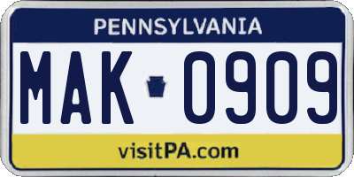 PA license plate MAK0909