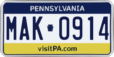 PA license plate MAK0914
