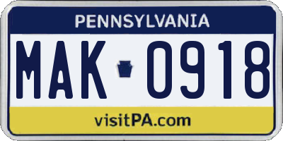 PA license plate MAK0918