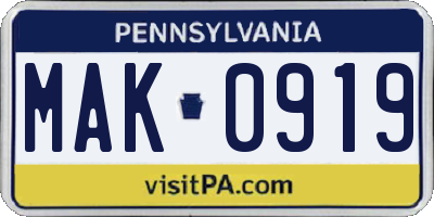 PA license plate MAK0919