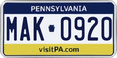 PA license plate MAK0920
