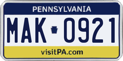 PA license plate MAK0921