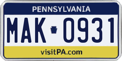 PA license plate MAK0931