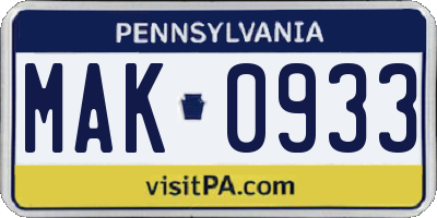 PA license plate MAK0933