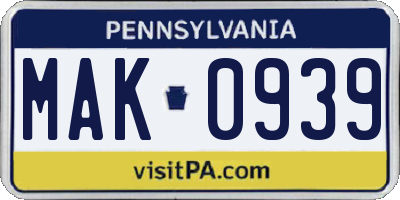 PA license plate MAK0939