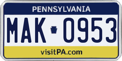 PA license plate MAK0953