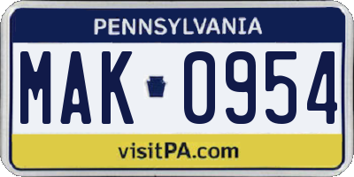 PA license plate MAK0954