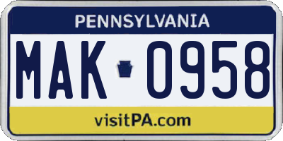 PA license plate MAK0958