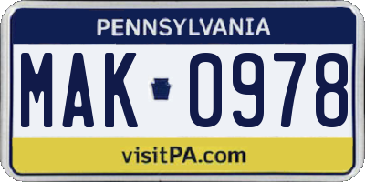 PA license plate MAK0978