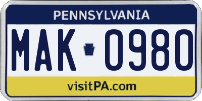 PA license plate MAK0980