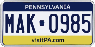 PA license plate MAK0985