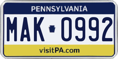 PA license plate MAK0992