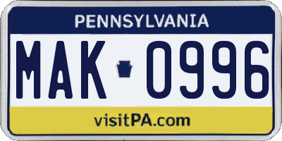 PA license plate MAK0996