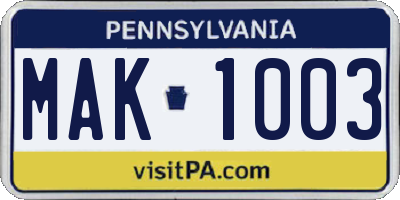 PA license plate MAK1003