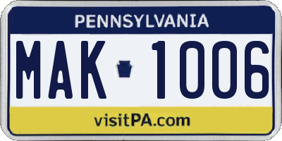 PA license plate MAK1006