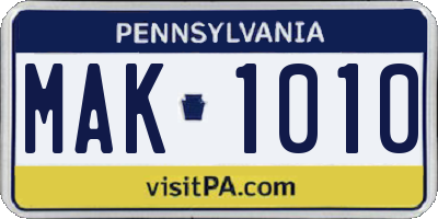 PA license plate MAK1010