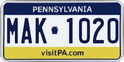PA license plate MAK1020